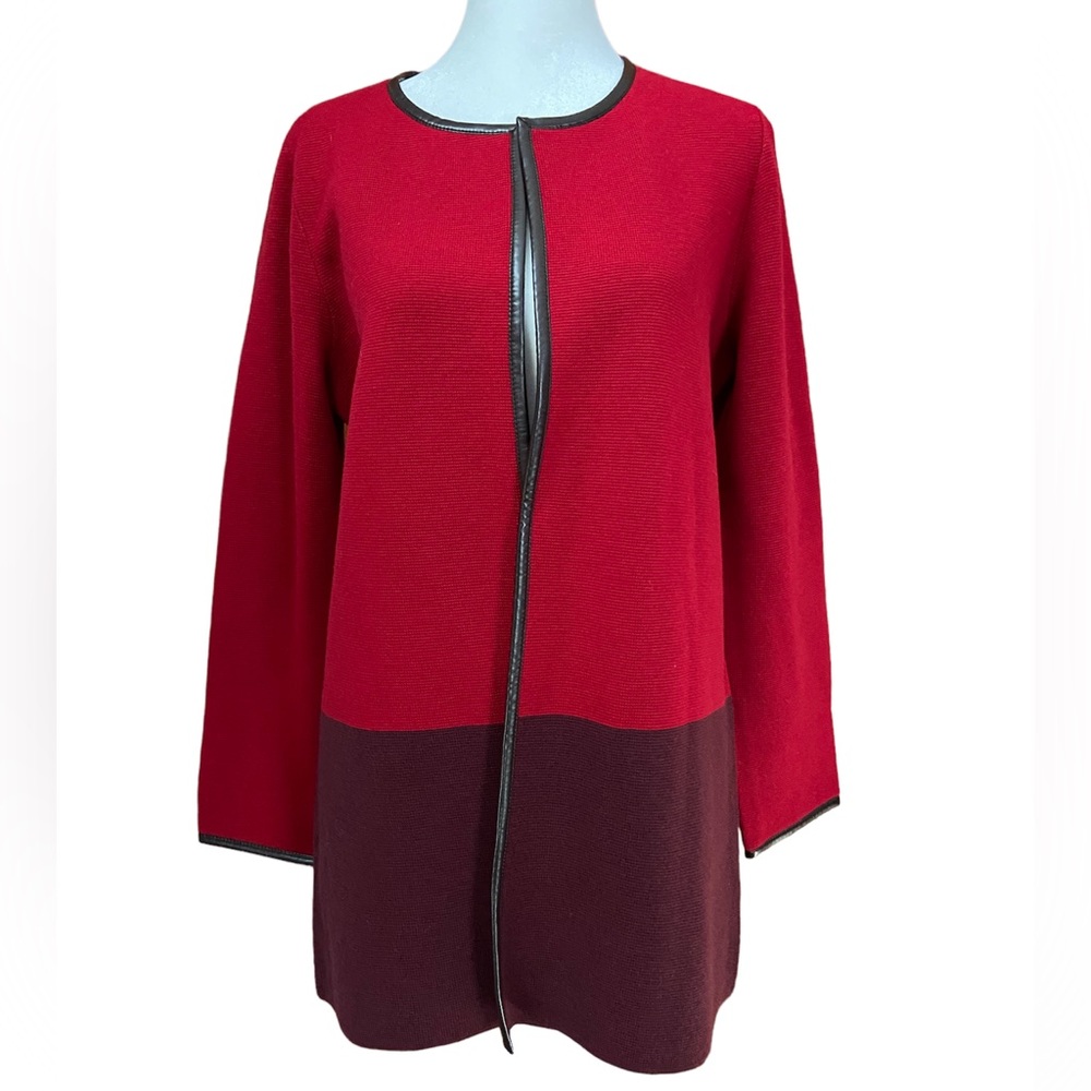 Talbots Color Block Open Front Wool Cardigan Sweater Red/Burgundy Petite M